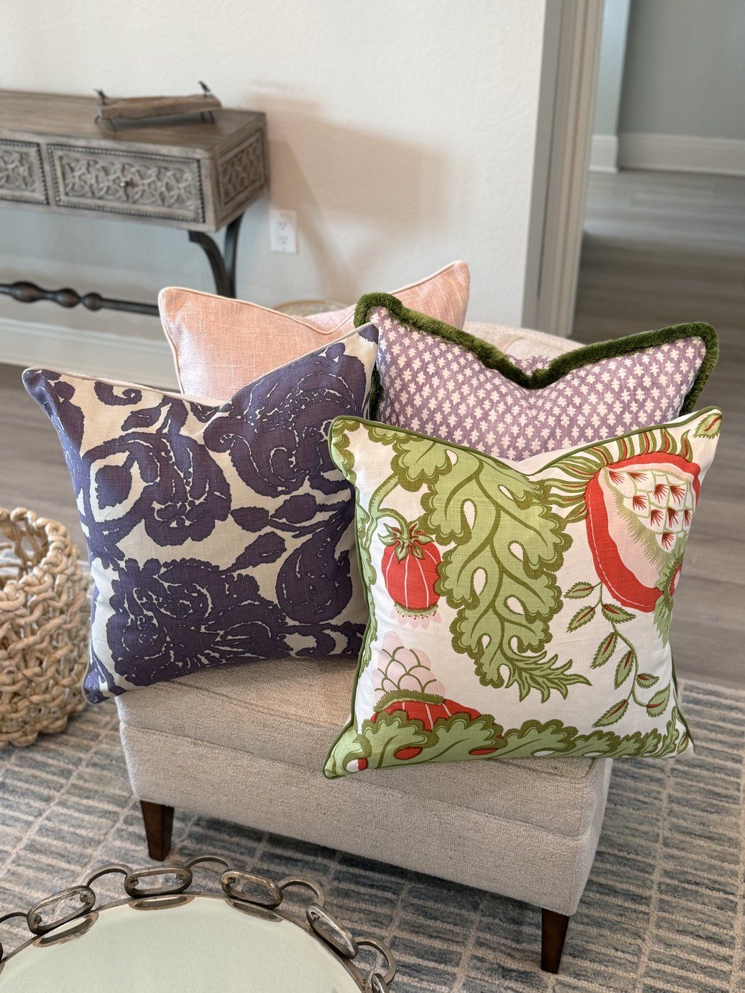 Arabesque Plum pillow grouped with blush, lavender block print, and green floral pillows by PepperTree Designs