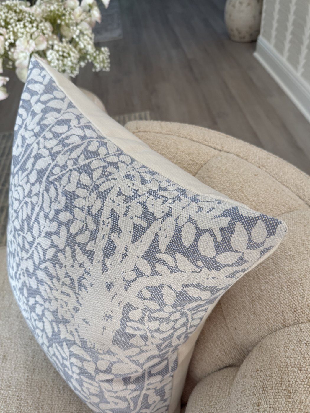 Arbre de Matisse pillow leafy branch print corner detail