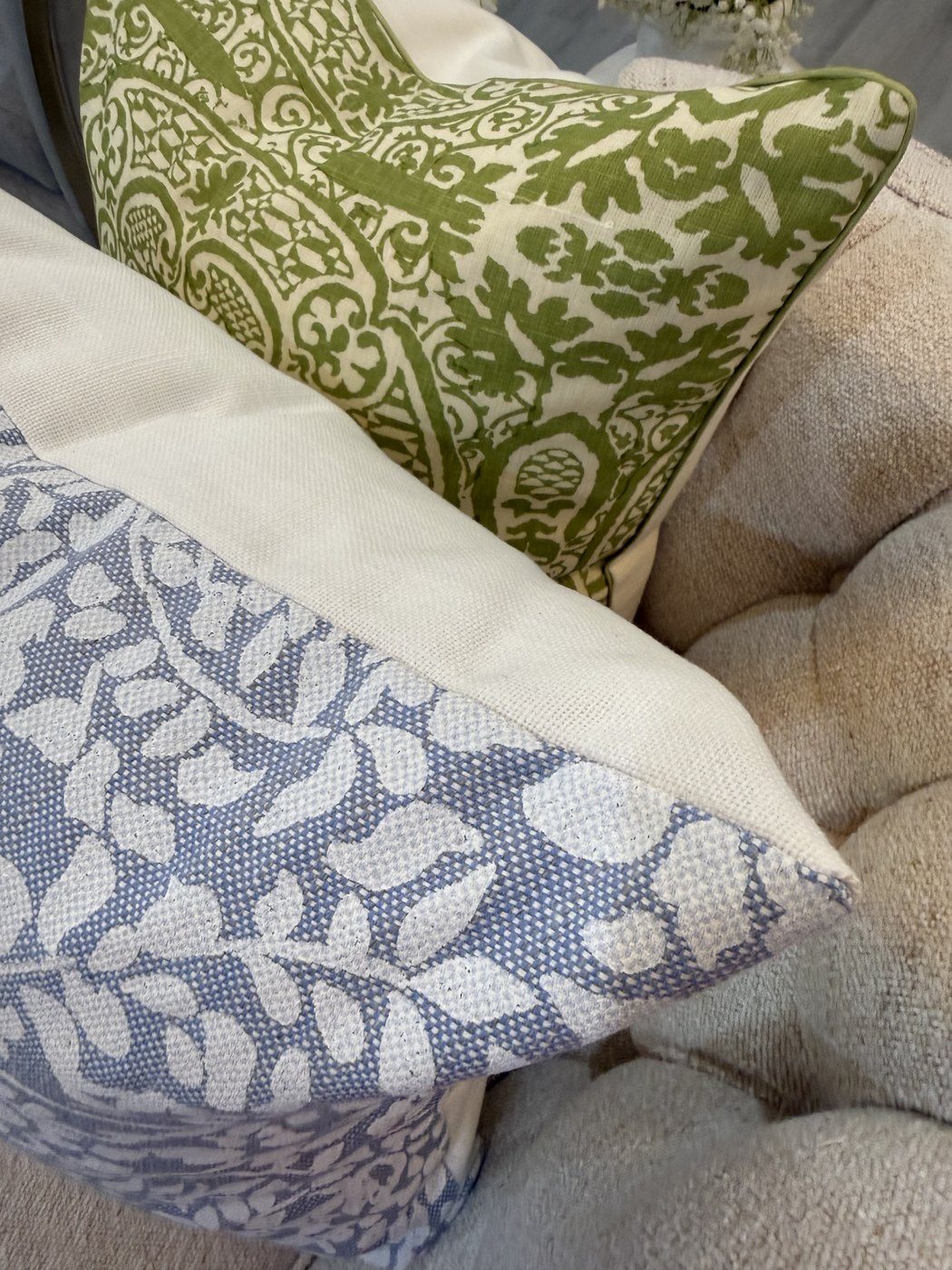 Arbre de Matisse fabric detail with green pillows
