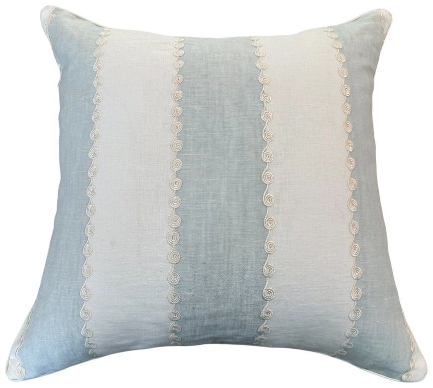 Ashmore GP and J Baker soft blue and ivory linen stripe pillow with embroidered ivory scroll detail and ivory linen backing by PepperTree Designs