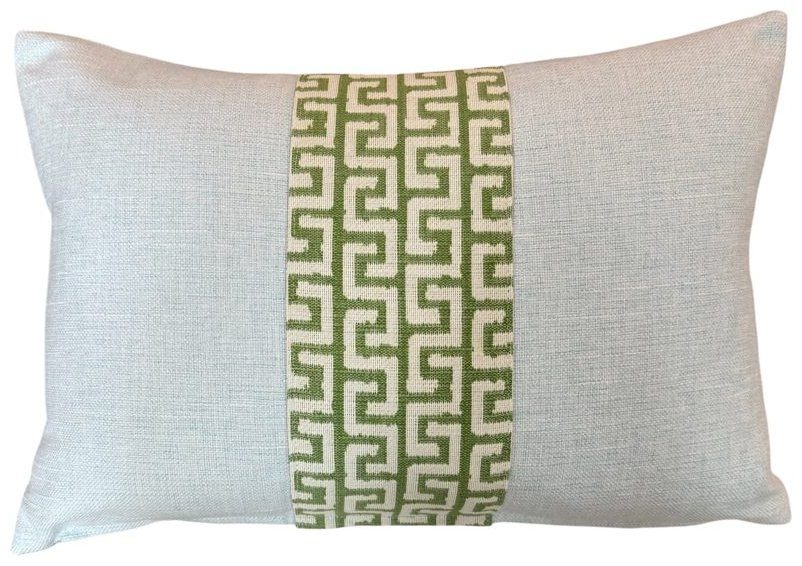 Athena soft blue lumbar pillow with green Greek key band by PepperTree Designs