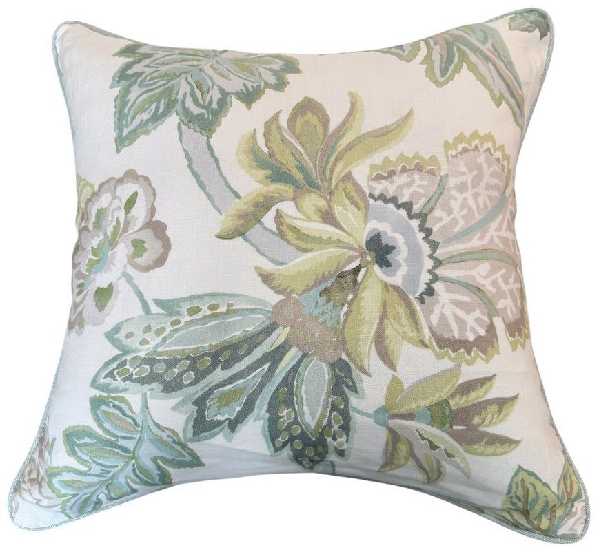Augustine Lee Jofa celadon floral pillow with soft blue piping and white linen backing by PepperTree Designs