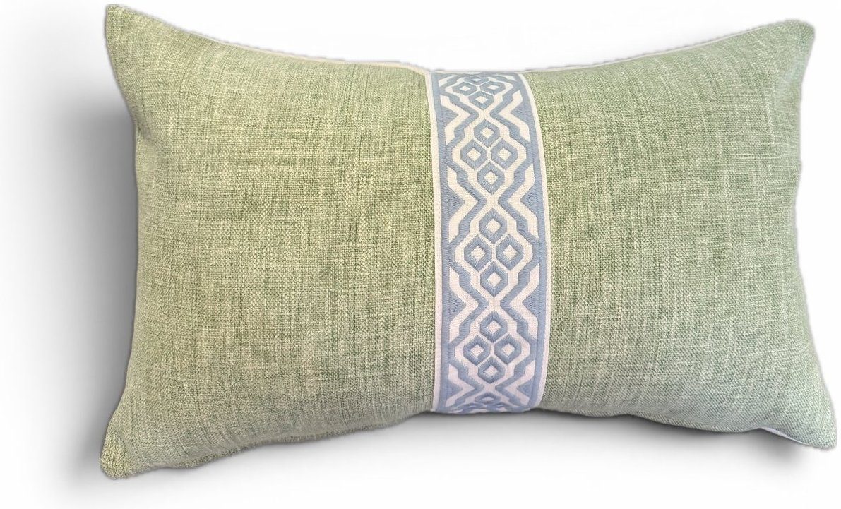 Belinda soft green lumbar pillow with french blue Thibaut tape by PepperTree Designs