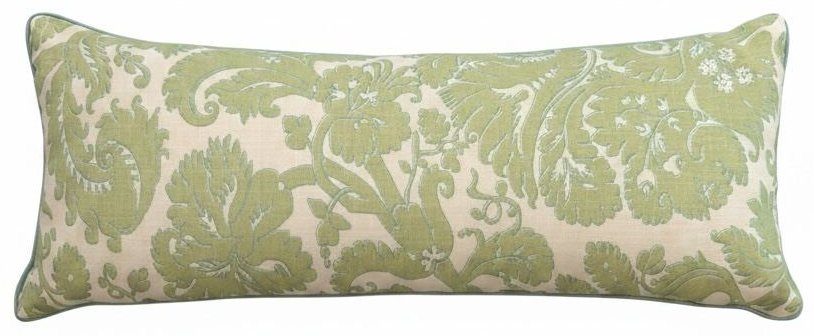 Borghese green Quadrille fabric lumbar pillow with blue satin trim by PepperTree Designs