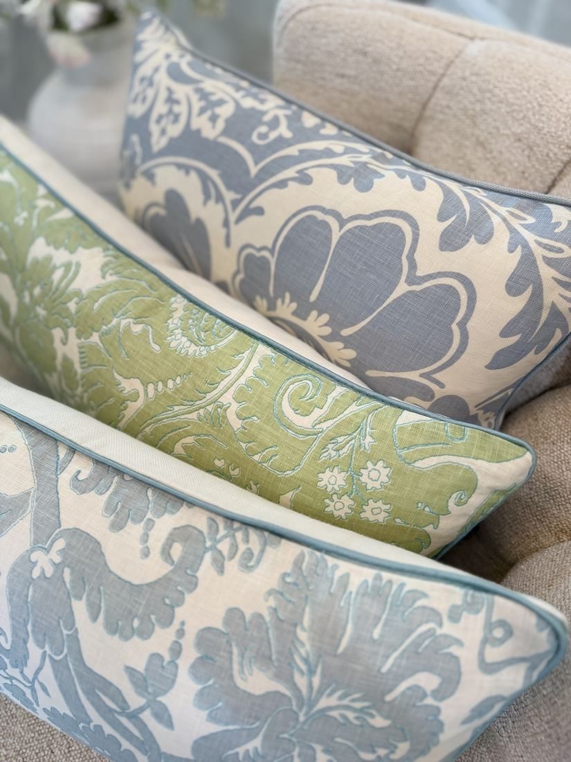 Trio of PepperTree Designs lumbar pillows including Borghese