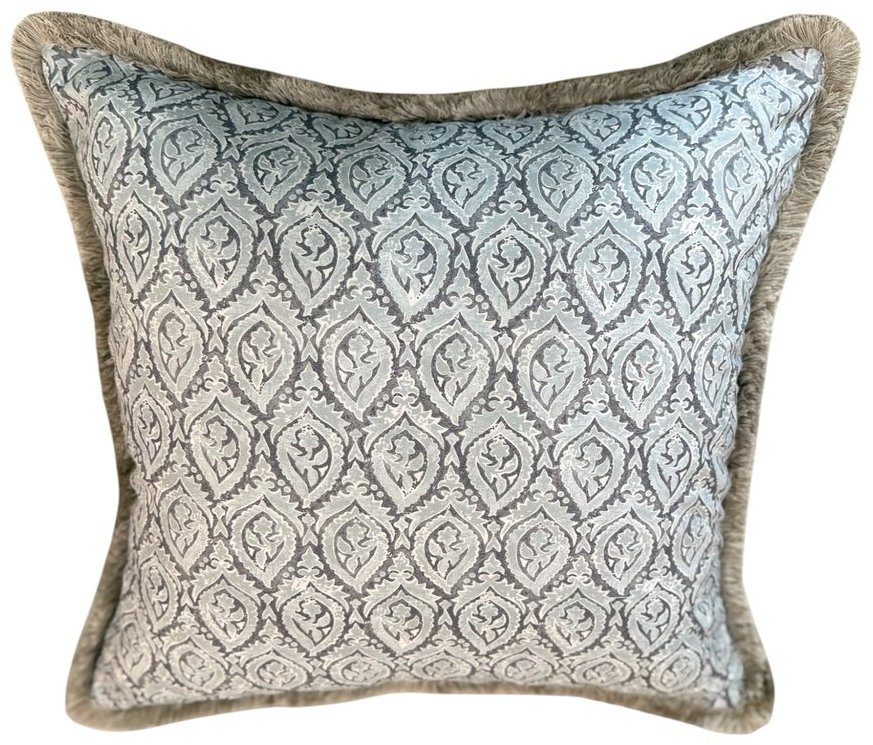 Broadway blue grey block print pillow with oyster grey brush fringe by PepperTree Designs
