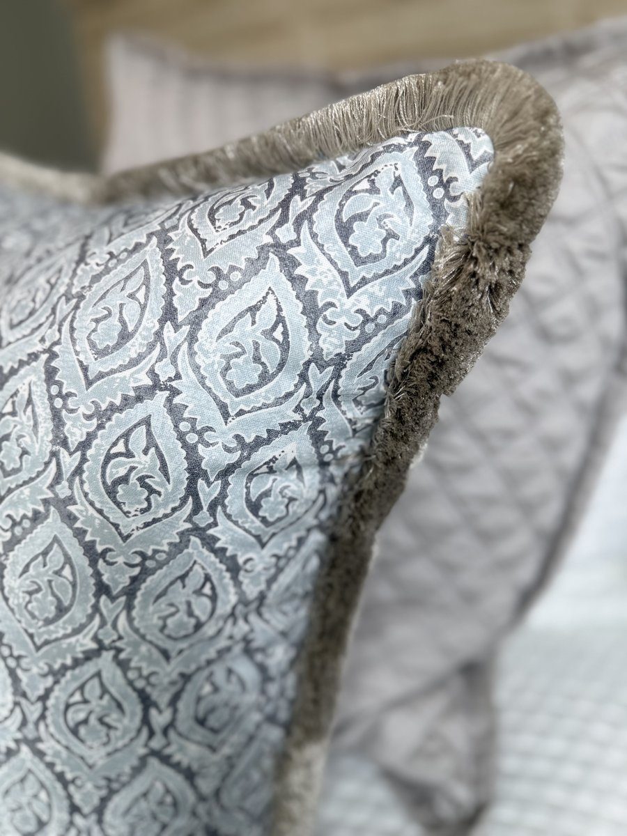 Broadway pillow oyster grey brush fringe corner close-up