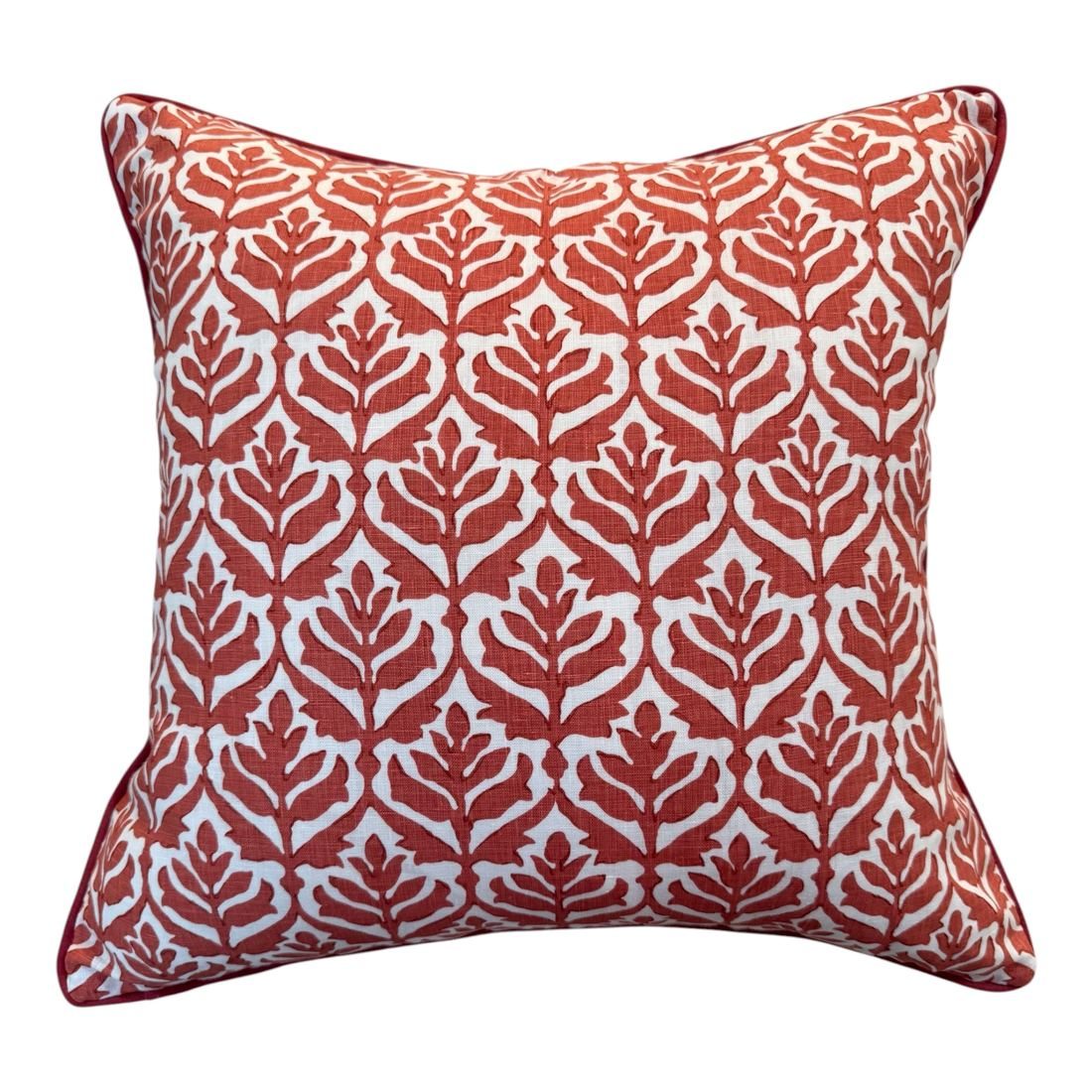 Cameron pillow in coral red Stroheim linen by PepperTree Designs