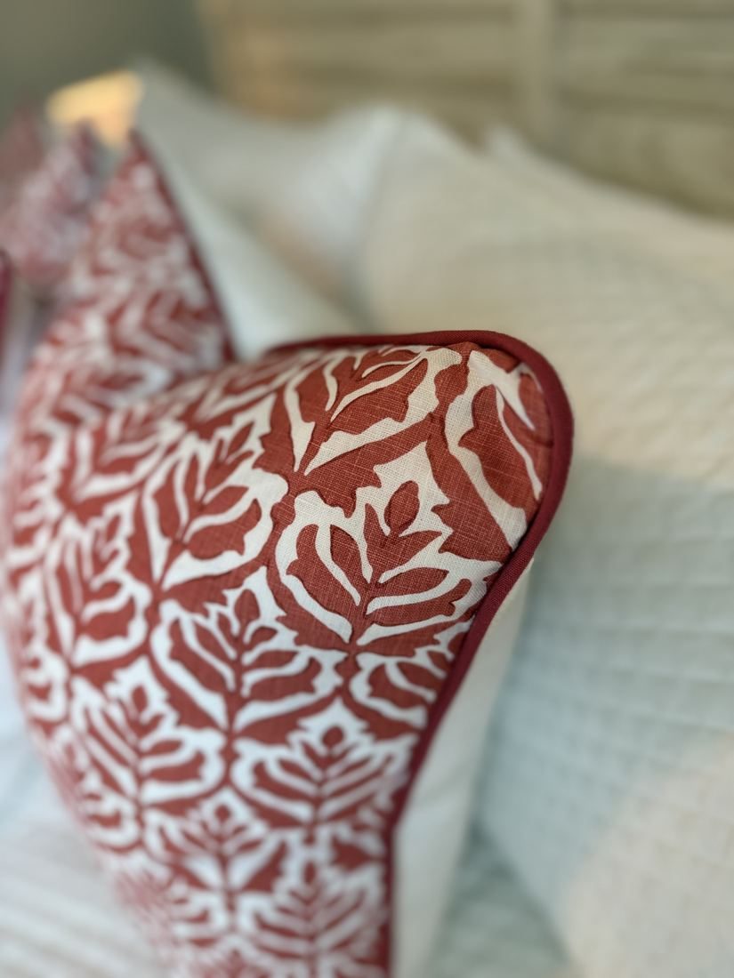 Cameron pillow red piping detail, Stroheim linen fabric