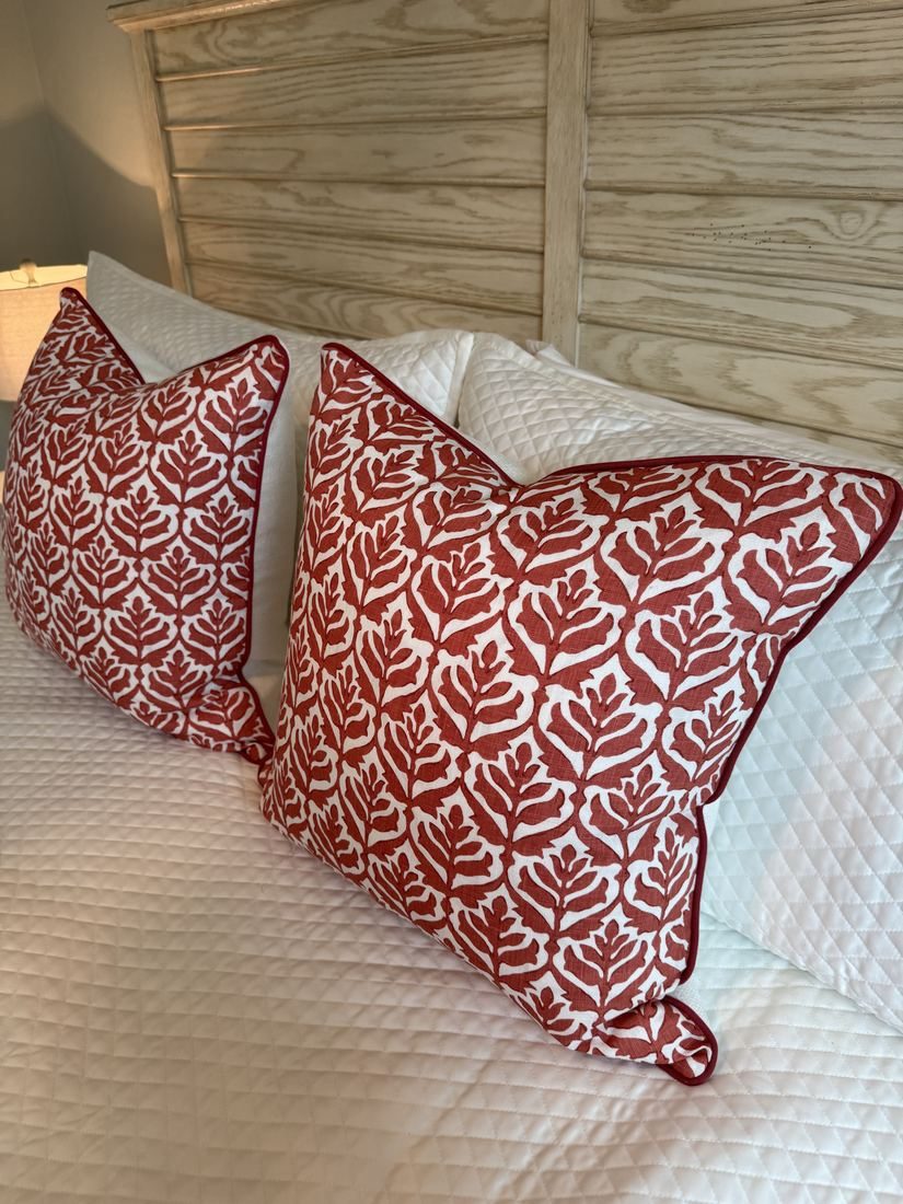 Pair of Cameron Stroheim linen pillows on bed