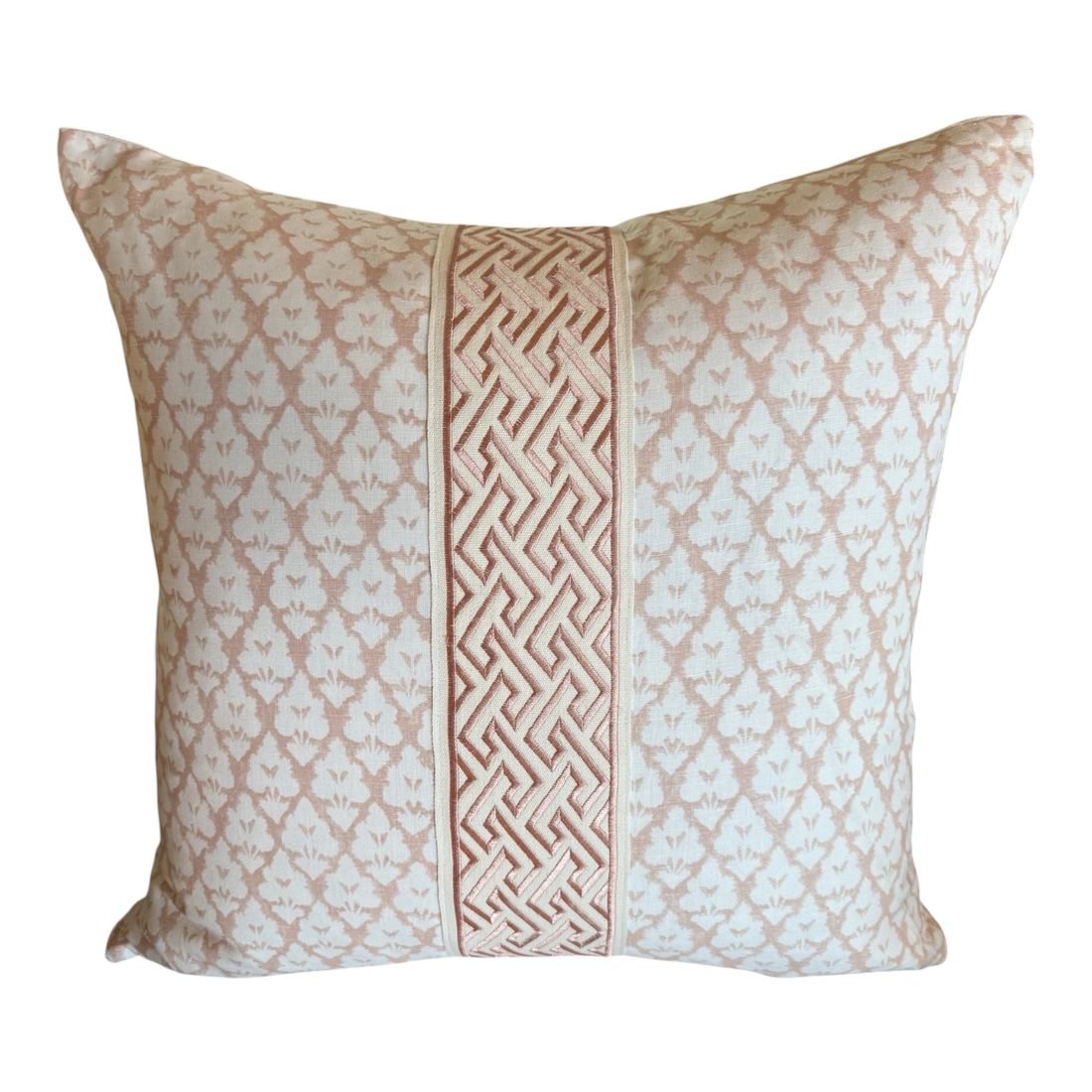 Jennifer blush Thibaut pillow with pink trim by PepperTree Designs