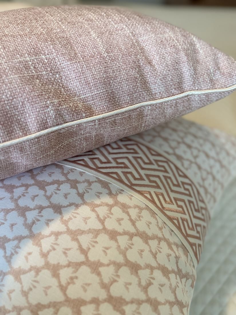 Jennifer pillow pink Greek key trim close up
