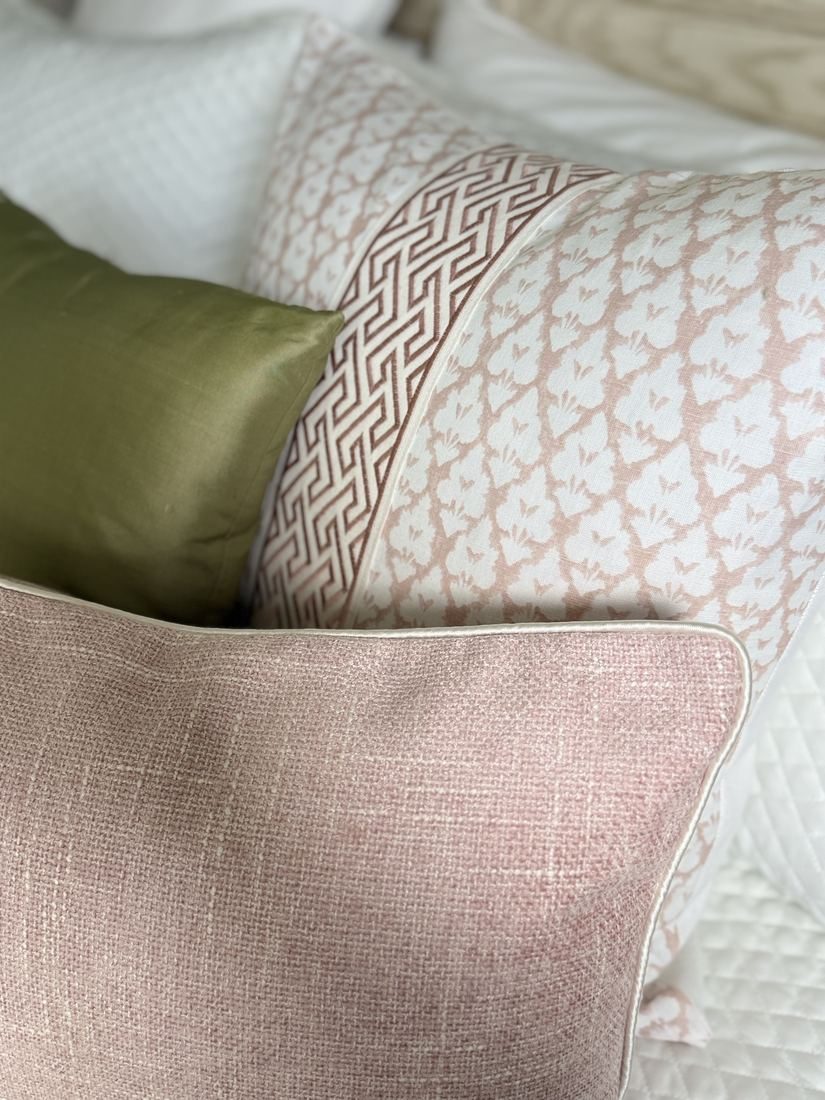 Jennifer Thibaut pillow trim detail with green silk pillow