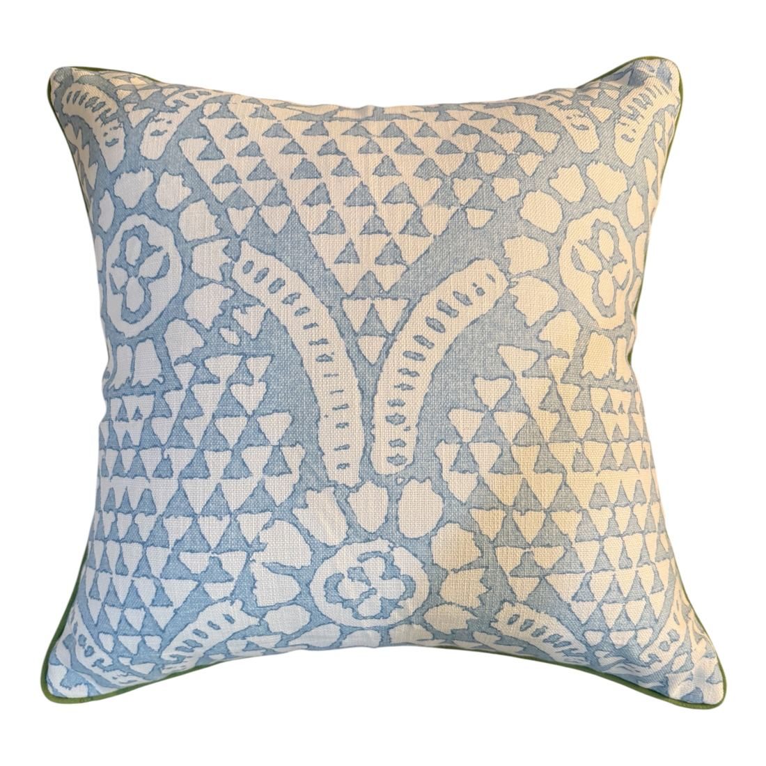 Chamomile spa blue Thibaut pillow with green trim by PepperTree Designs