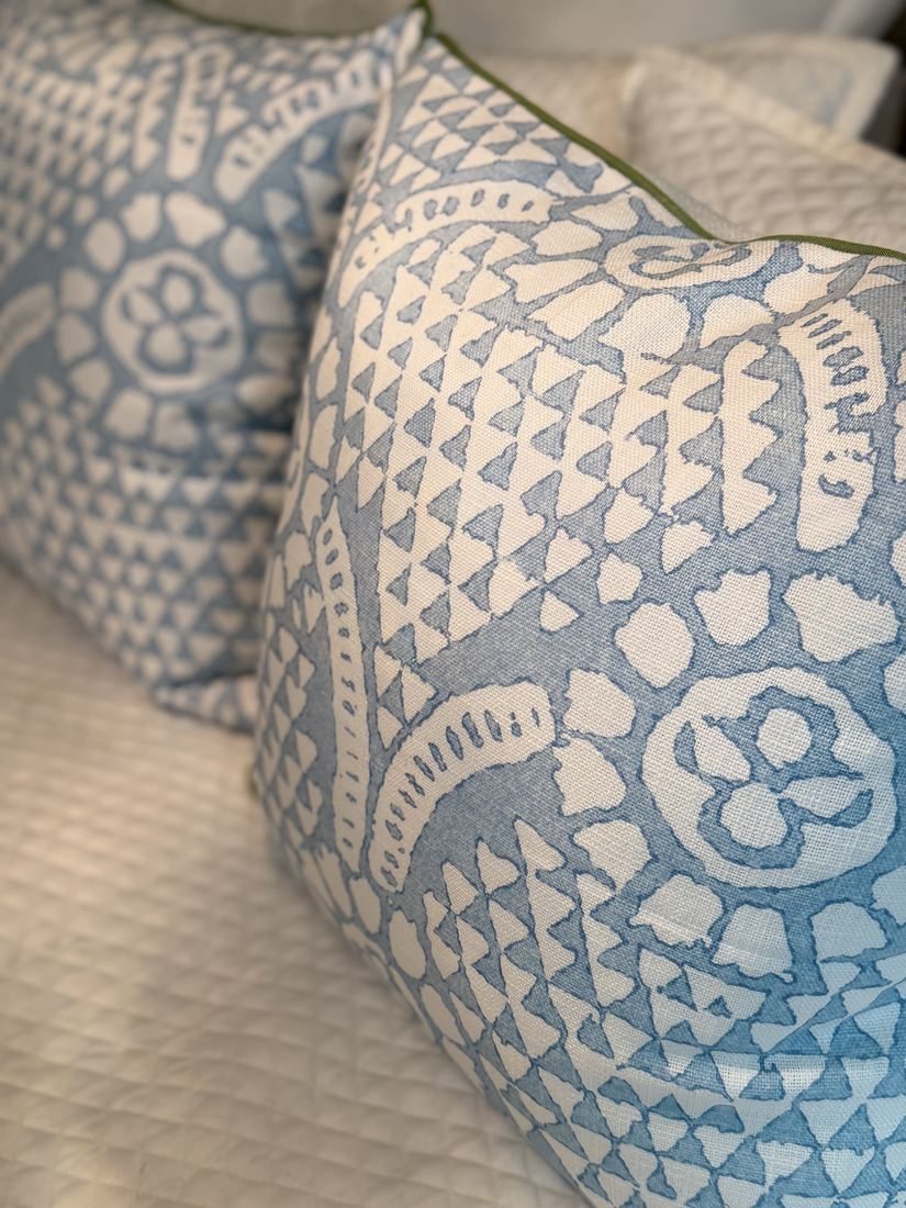 Chamomile Thibaut block print fabric close up