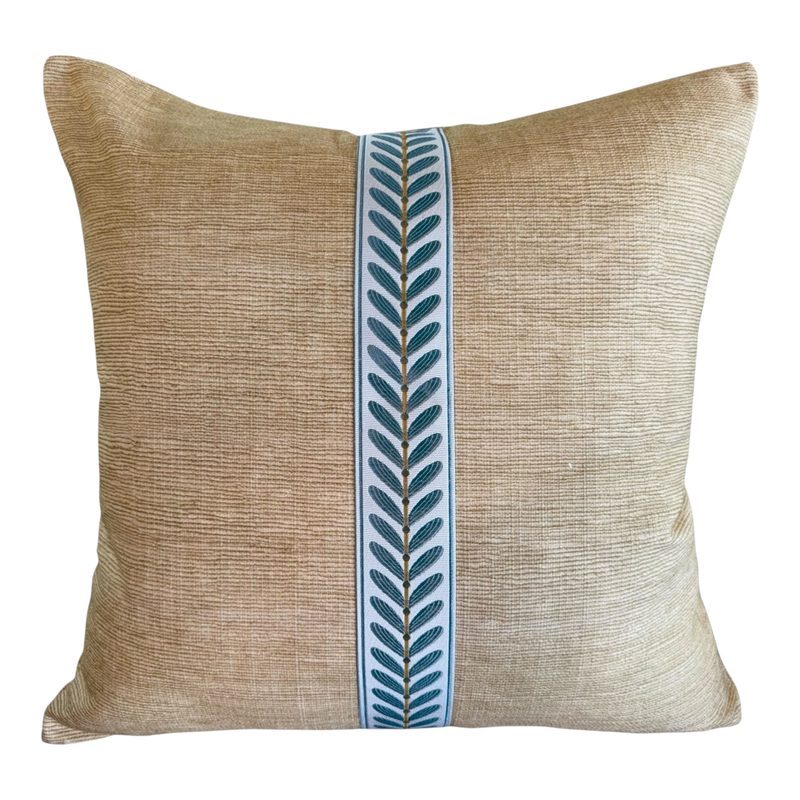 Cornflower Stripe gold pillow with leaf trim main photo