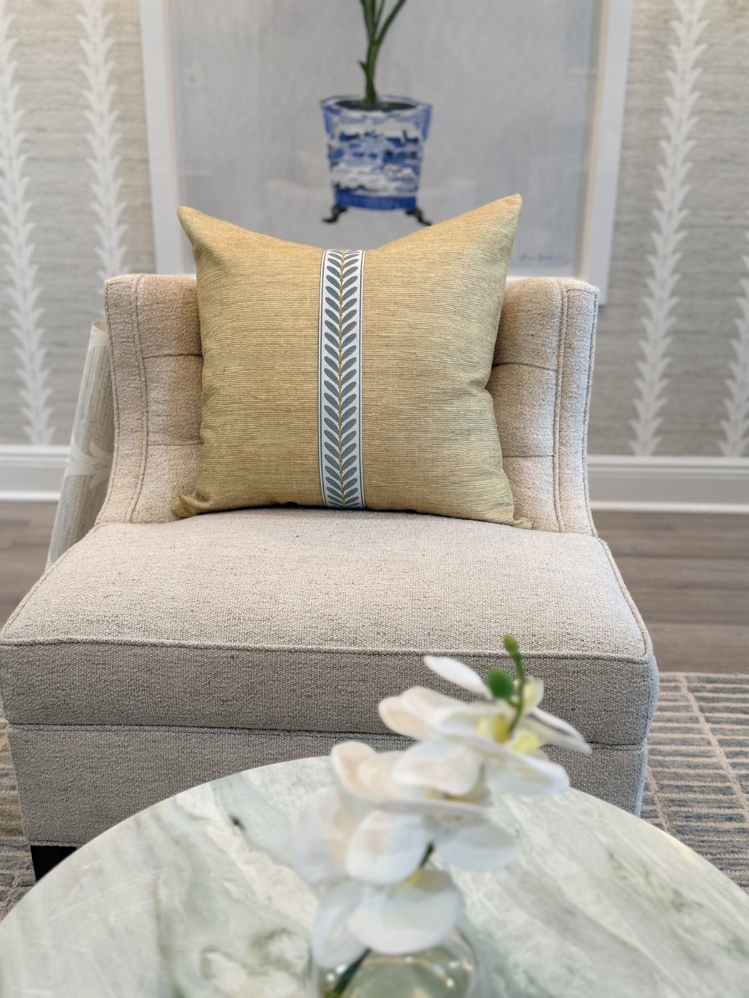 Cornflower Stripe gold pillow with blue and green leaf trim by PepperTree Designs