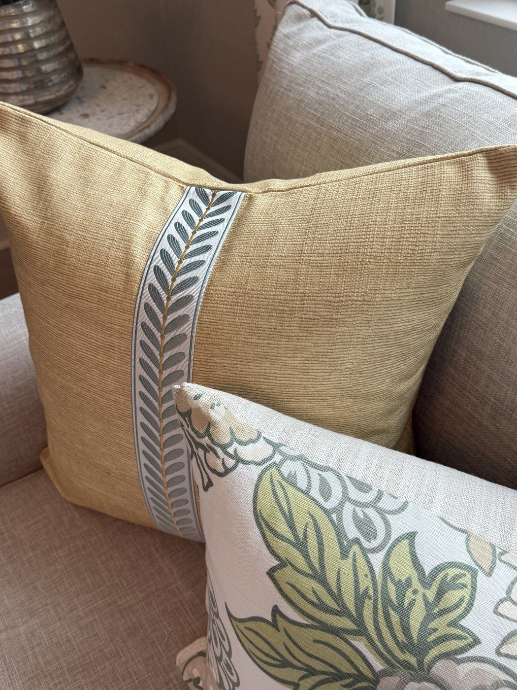 Cornflower Stripe pillow leaf trim detail with floral companion pillow