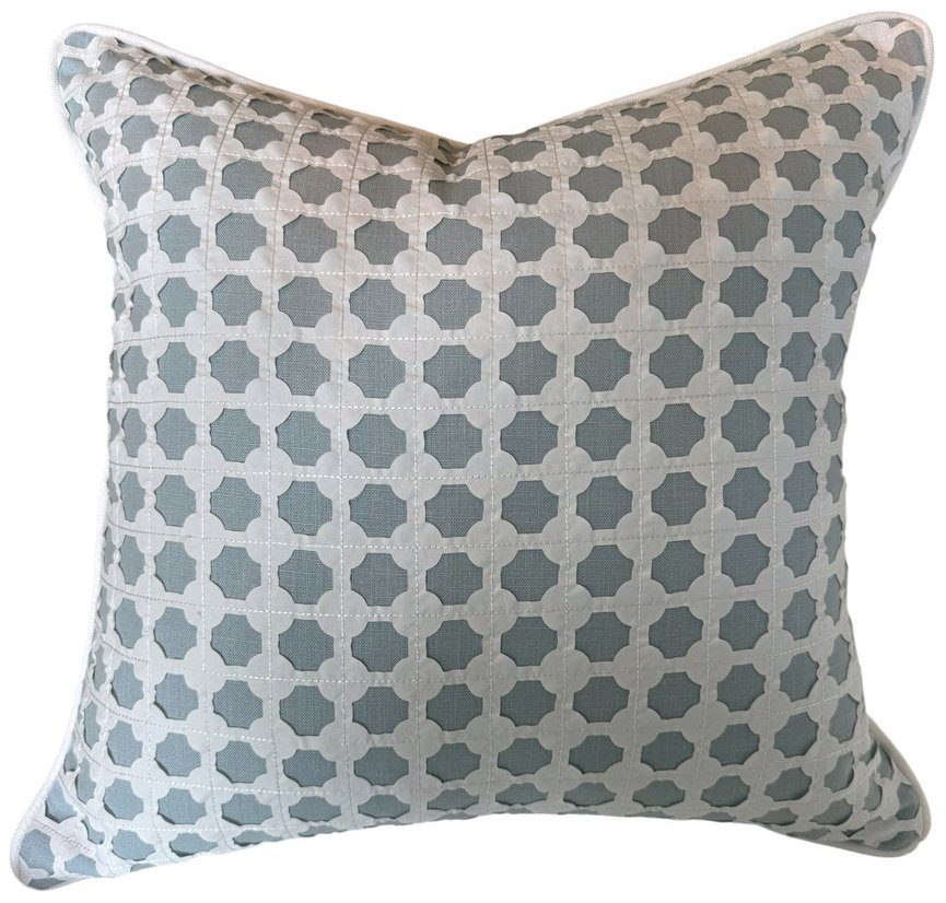 Cothay soft blue Kravet pillow with overlaid white lattice fabric, white piping and white backing by PepperTree Designs
