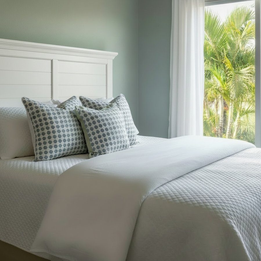 Cothay soft blue lattice pillows styled on white bed in coastal bedroom with palm view