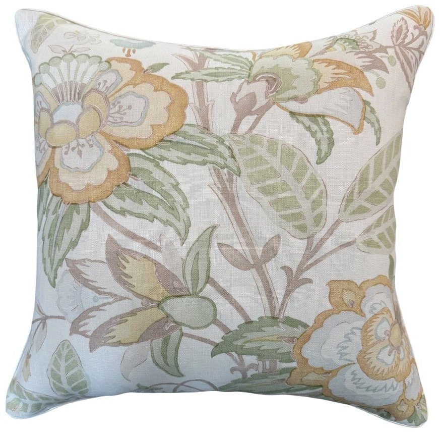 Davenport Lee Jofa soft floral linen pillow with ivory silk trim and ivory backing by PepperTree Designs