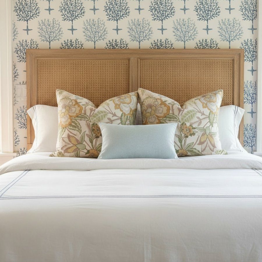 Pair of Davenport floral pillows styled on bed with cane headboard and coral wallpaper