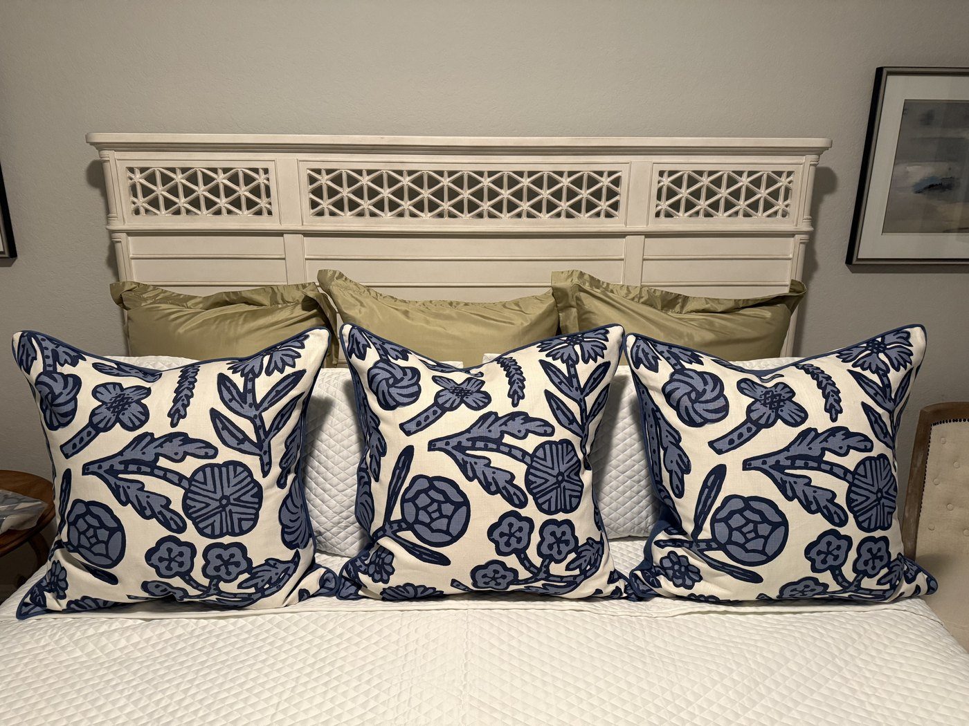 Day Floral ink blue and white pillows with blue piping by PepperTree Designs