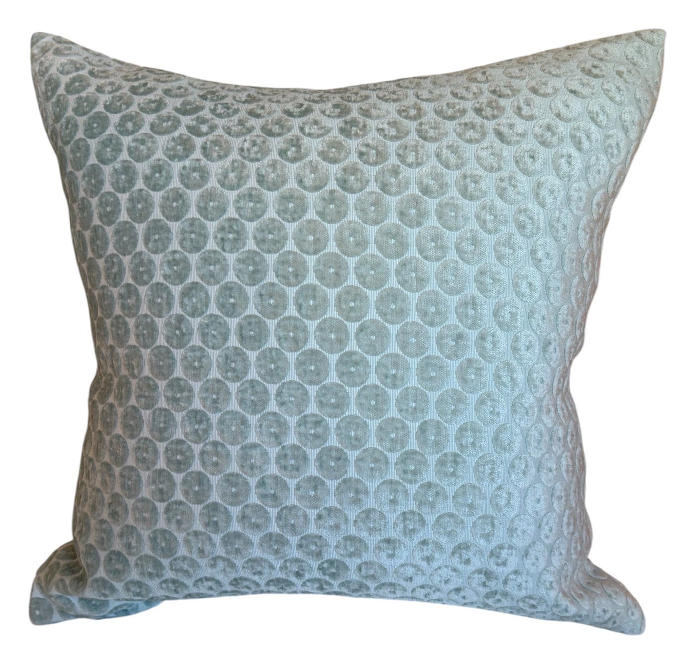 Dotted mist blue cut velvet pillow with white backing by PepperTree Designs