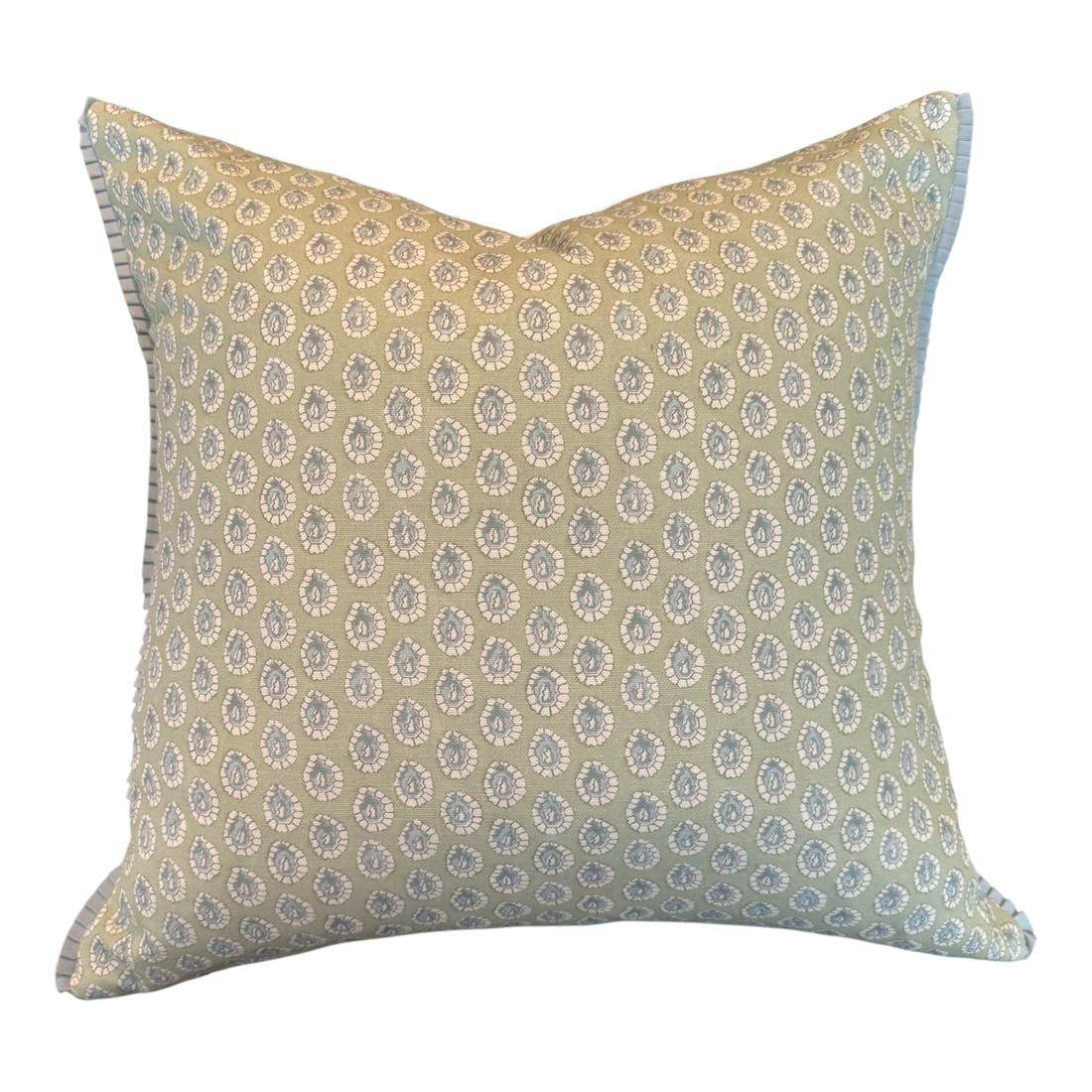 Dotti pillow in green and blue GP and J Baker fabric by PepperTree Designs