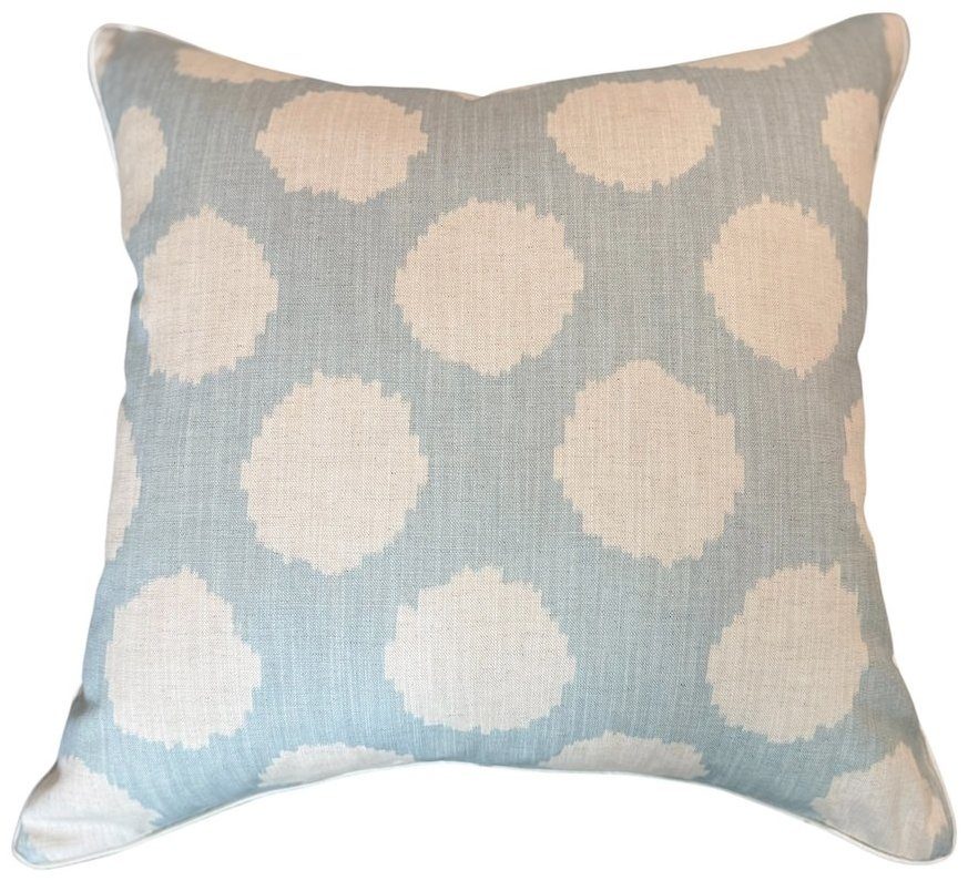 Duckie soft blue Andrew Martin ikat dot pillow with ivory piping and ivory backing by PepperTree Designs
