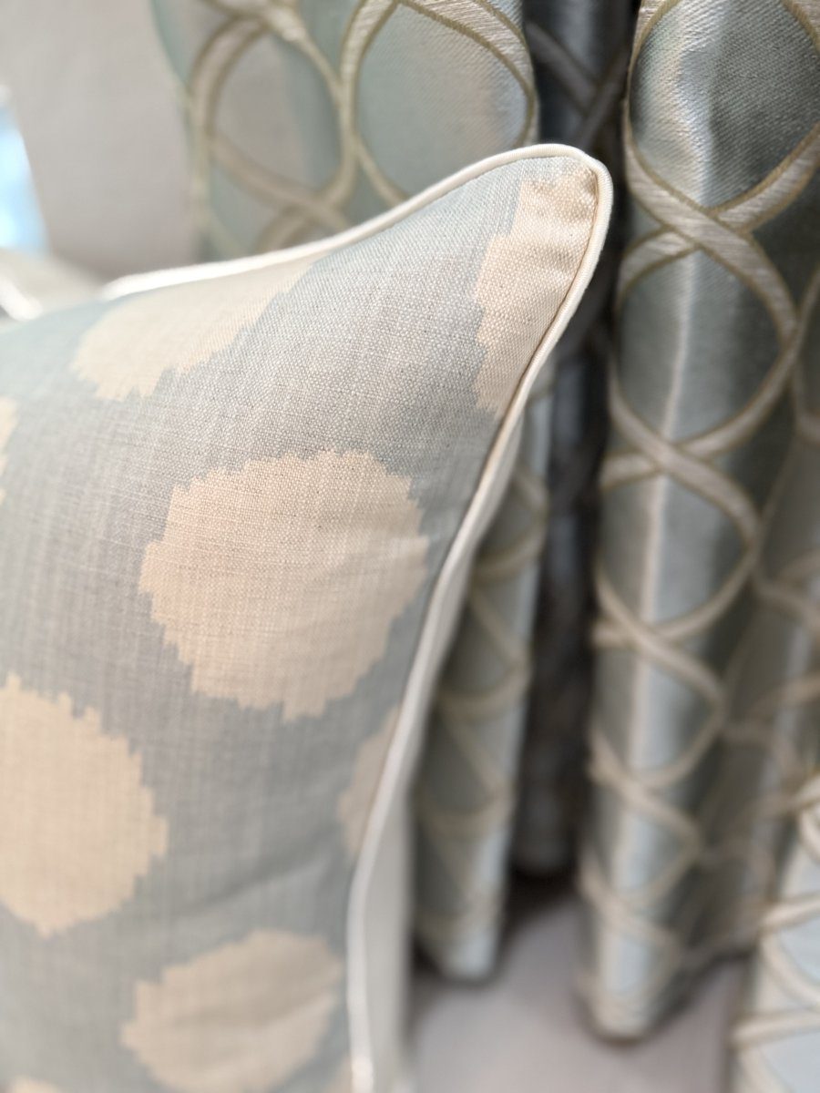 Duckie pillow ivory piping and ikat dot fabric detail close-up