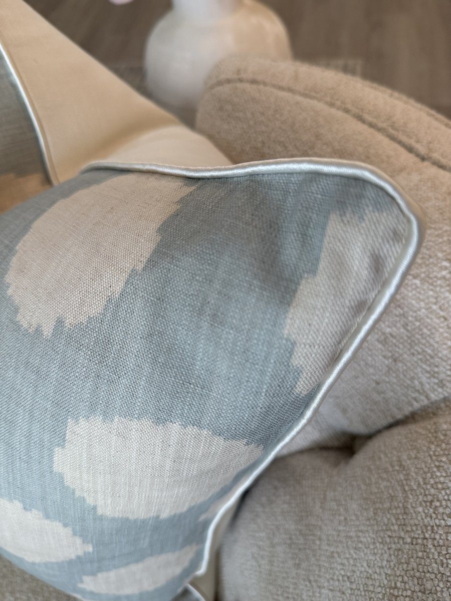 Duckie pillow satin ivory piping detail on blue ikat dot linen