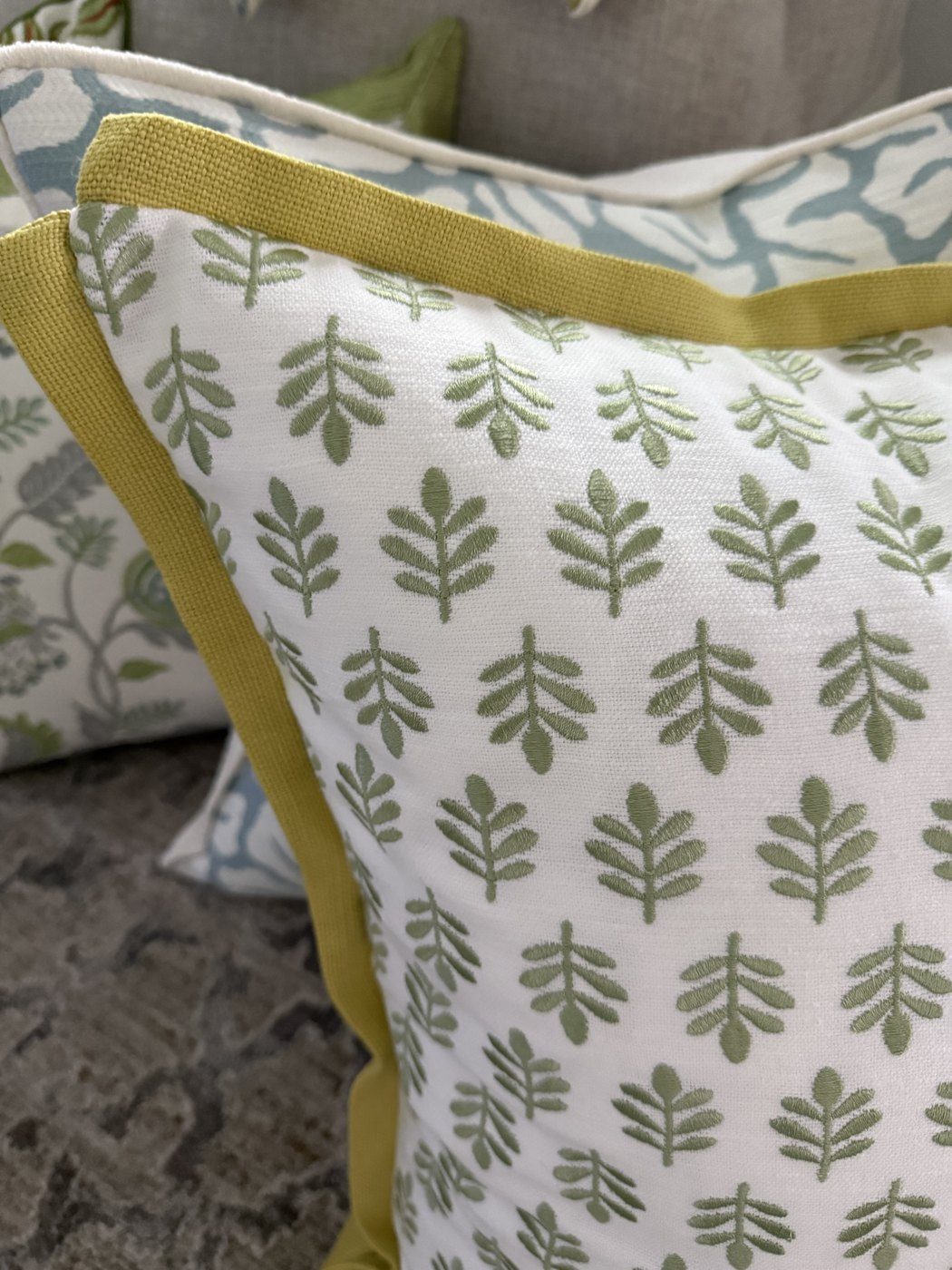 Embroidered Tulips green embroidery and chartreuse flange corner detail