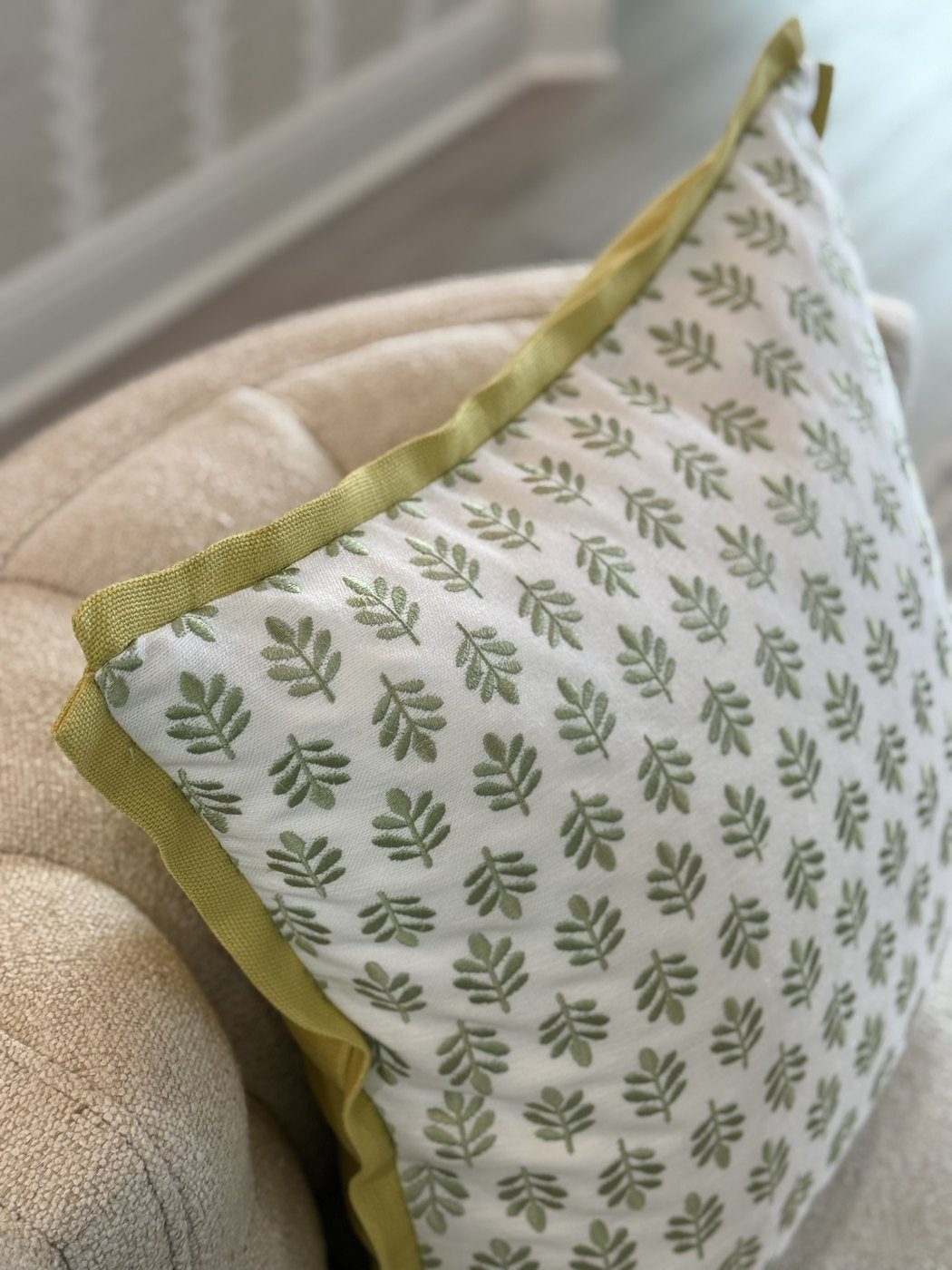 Embroidered Tulips leaf embroidery close-up with chartreuse flange