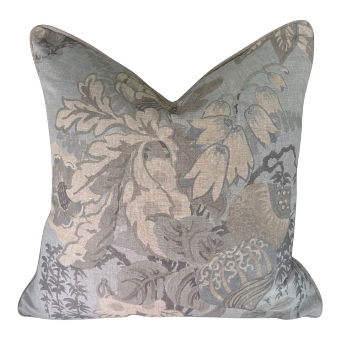 Fairbanks spa blue Anna French floral pillow with self welt by PepperTree Designs