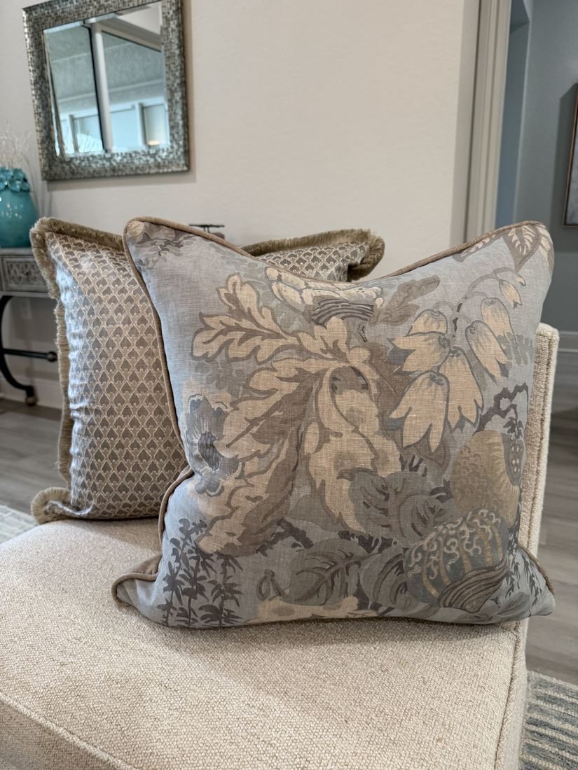Fairbanks floral pillow styled on chair