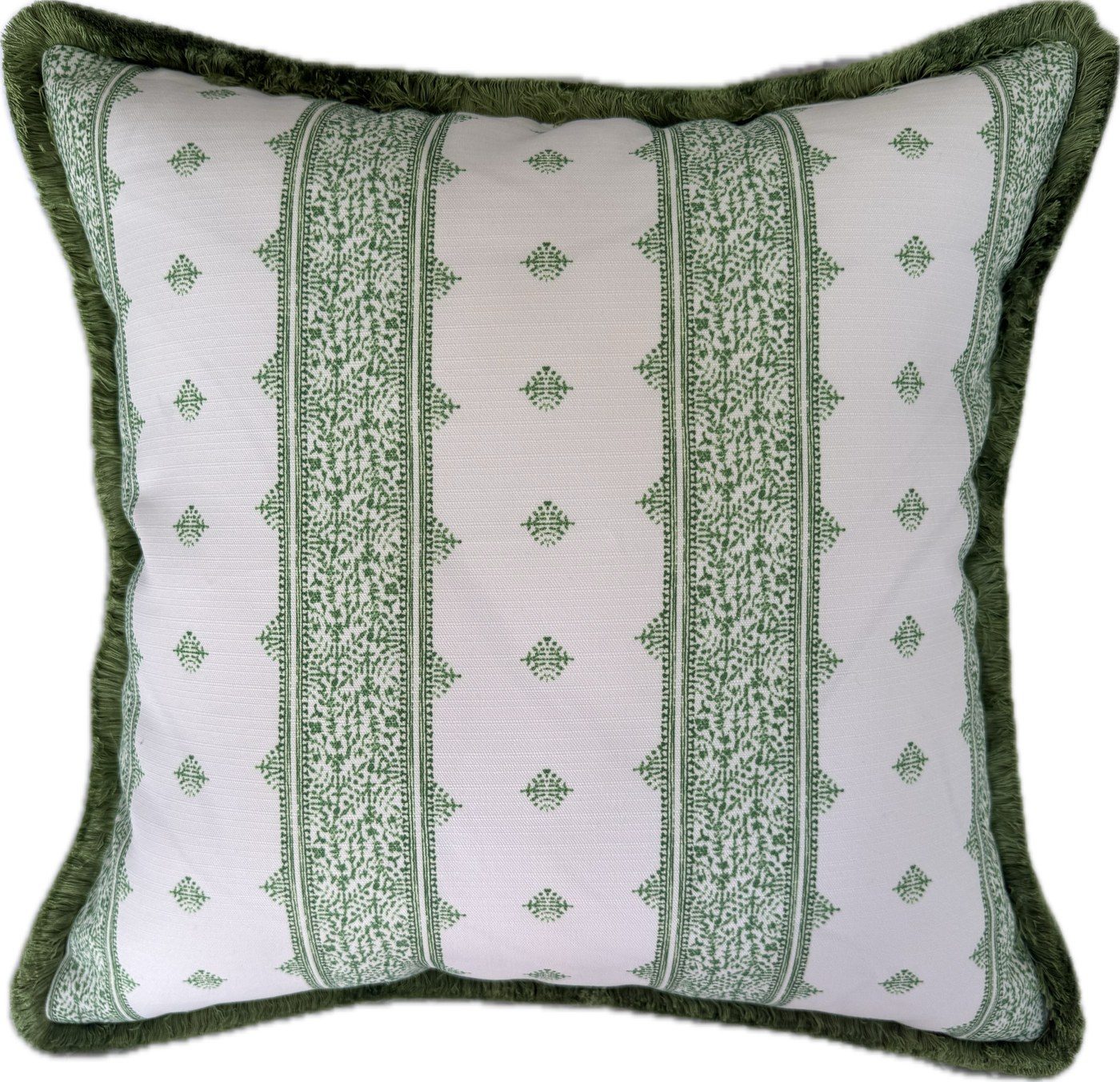Fez Stripe pillow in green and white block print with green fringe trim by PepperTree Designs