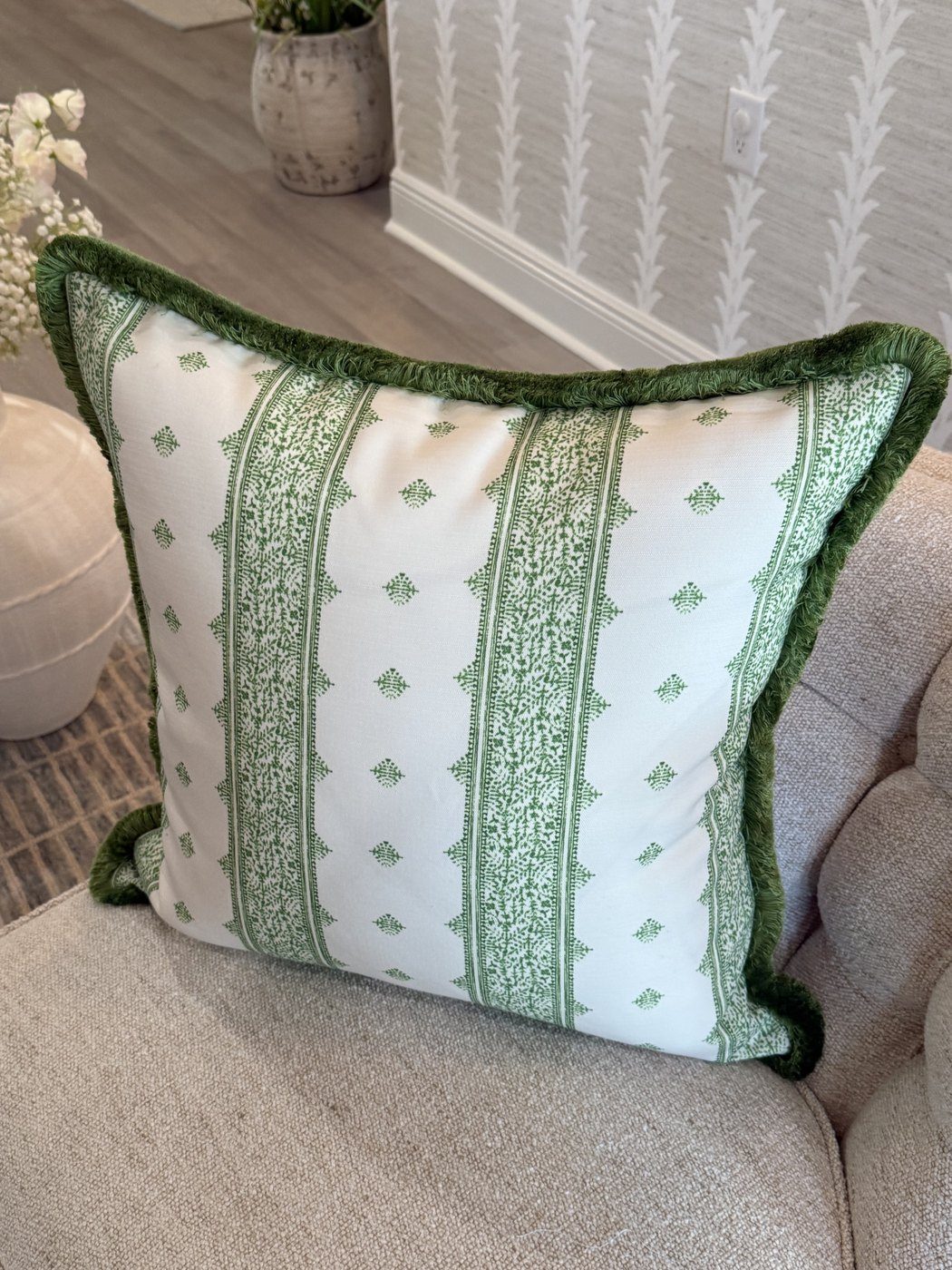 Fez Stripe pillow by Peter Dunham Textiles styled on an armchair