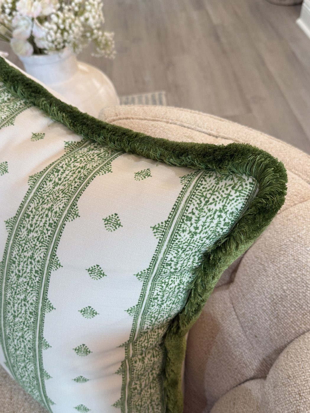 Fez Stripe pillow green fringe trim corner detail
