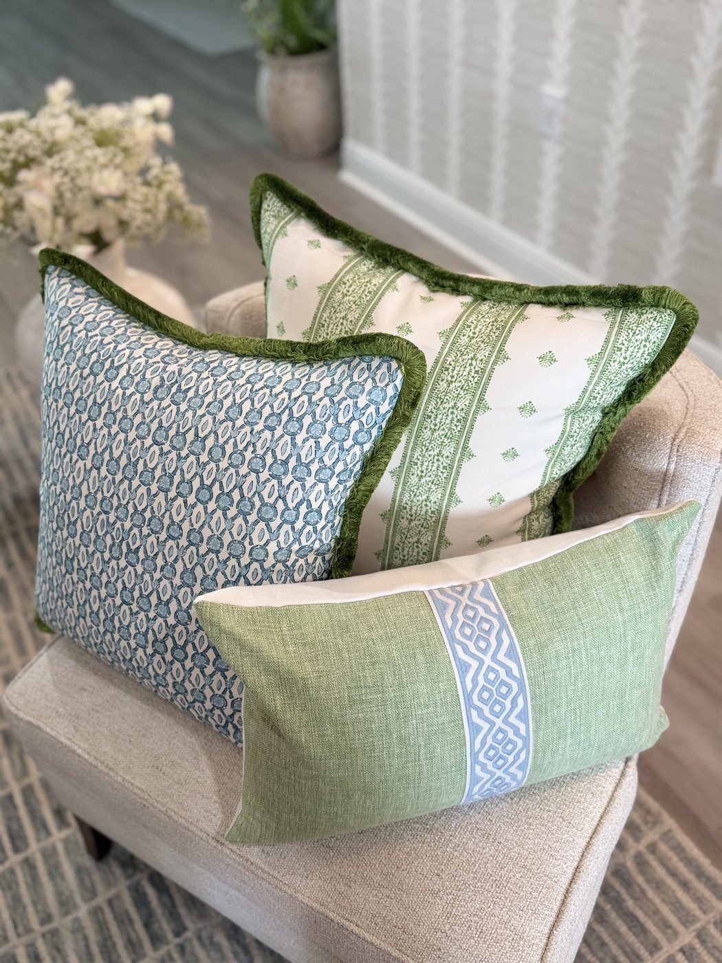 Fez Stripe pillow grouped with blue block print and green lumbar pillows by PepperTree Designs