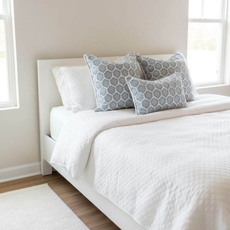 Genie blue quatrefoil pillows styled on white bed