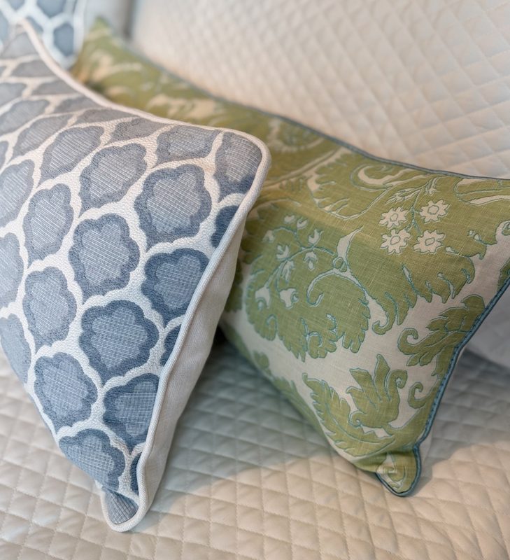 Genie pillow with green damask lumbar detail