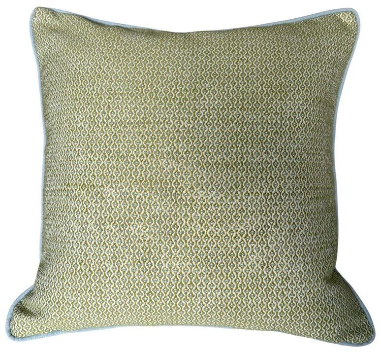 Gertrude green and blue indoor outdoor pillow with soft blue piping by PepperTree Designs