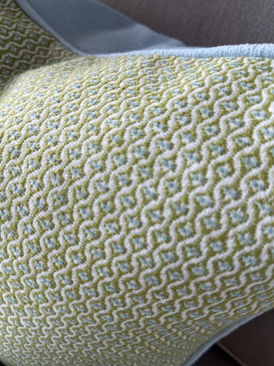 Gertrude green and blue woven fabric close-up