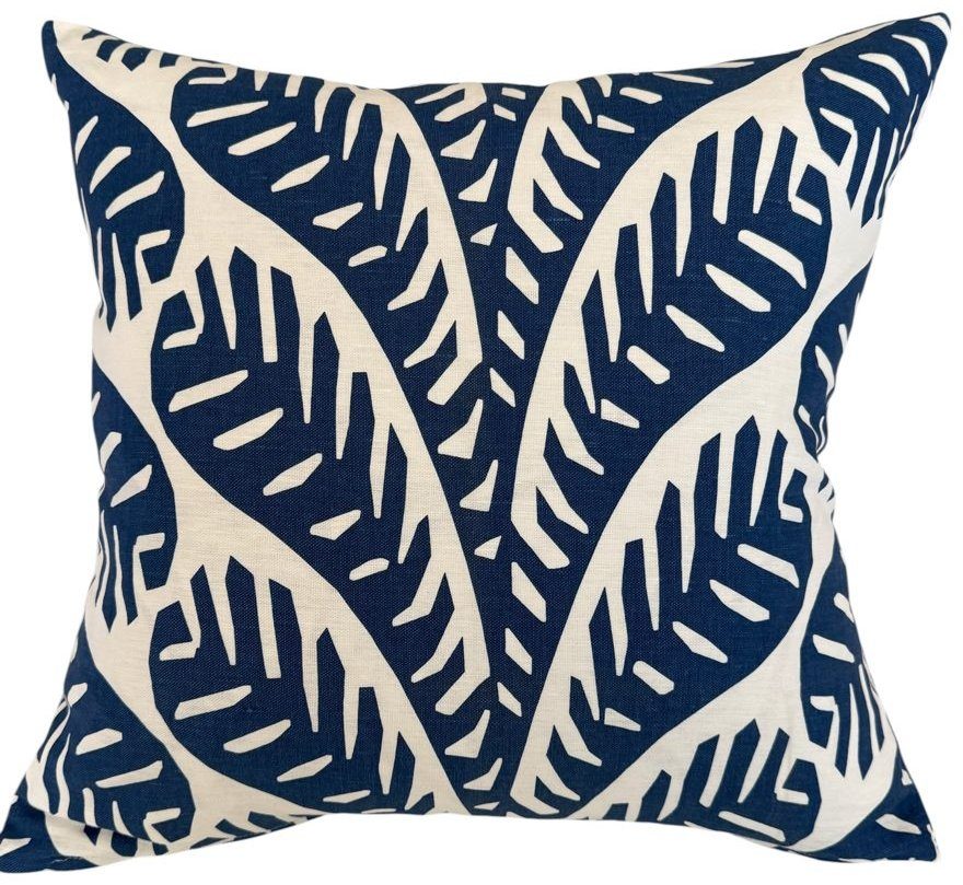 Ginger large navy and white Thibaut palm print pillow with navy backing by PepperTree Designs