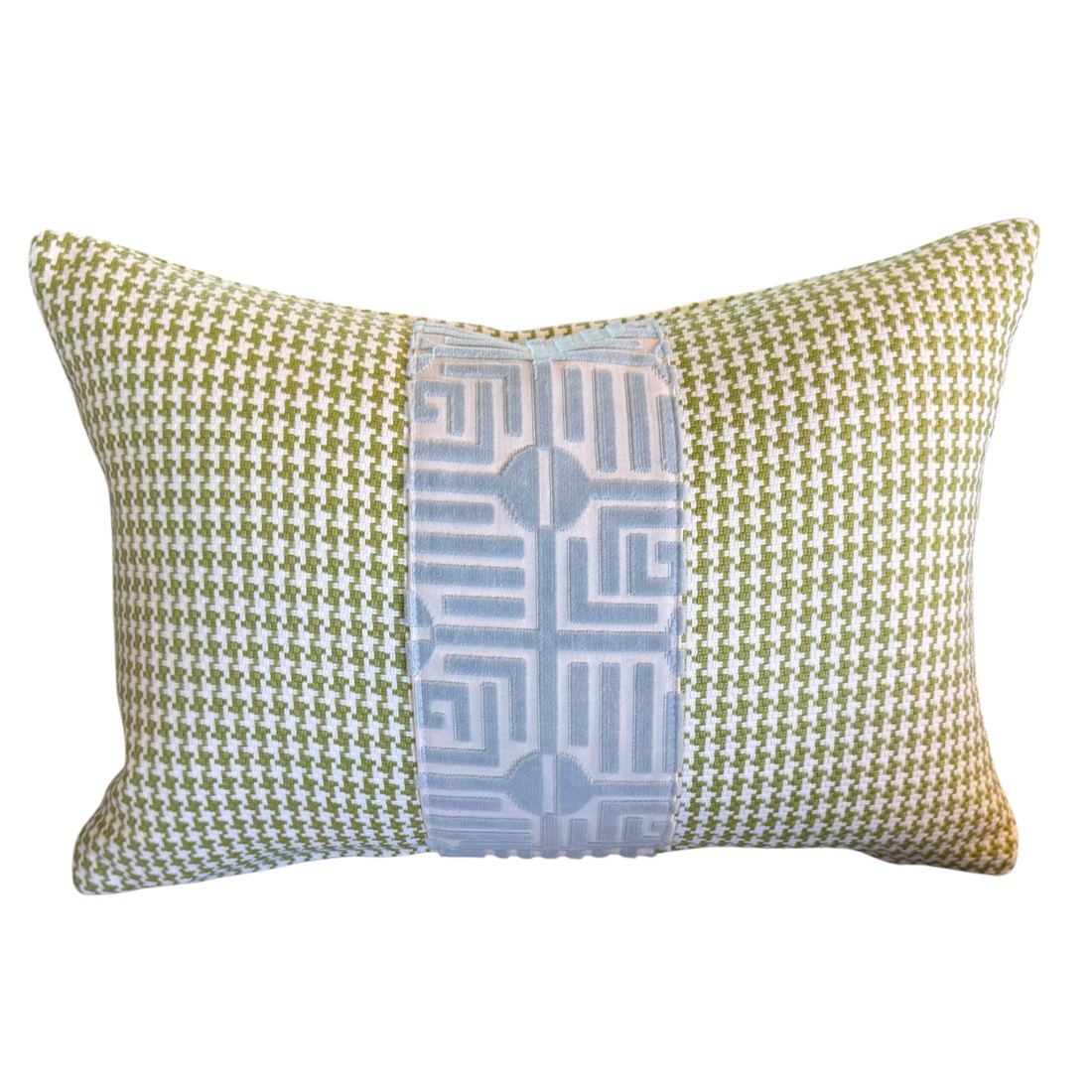 Greenwich green houndstooth lumbar pillow with wide blue velvet labyrinth trim by PepperTree Designs