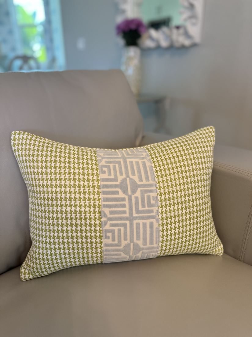 Greenwich houndstooth lumbar pillow styled on chair