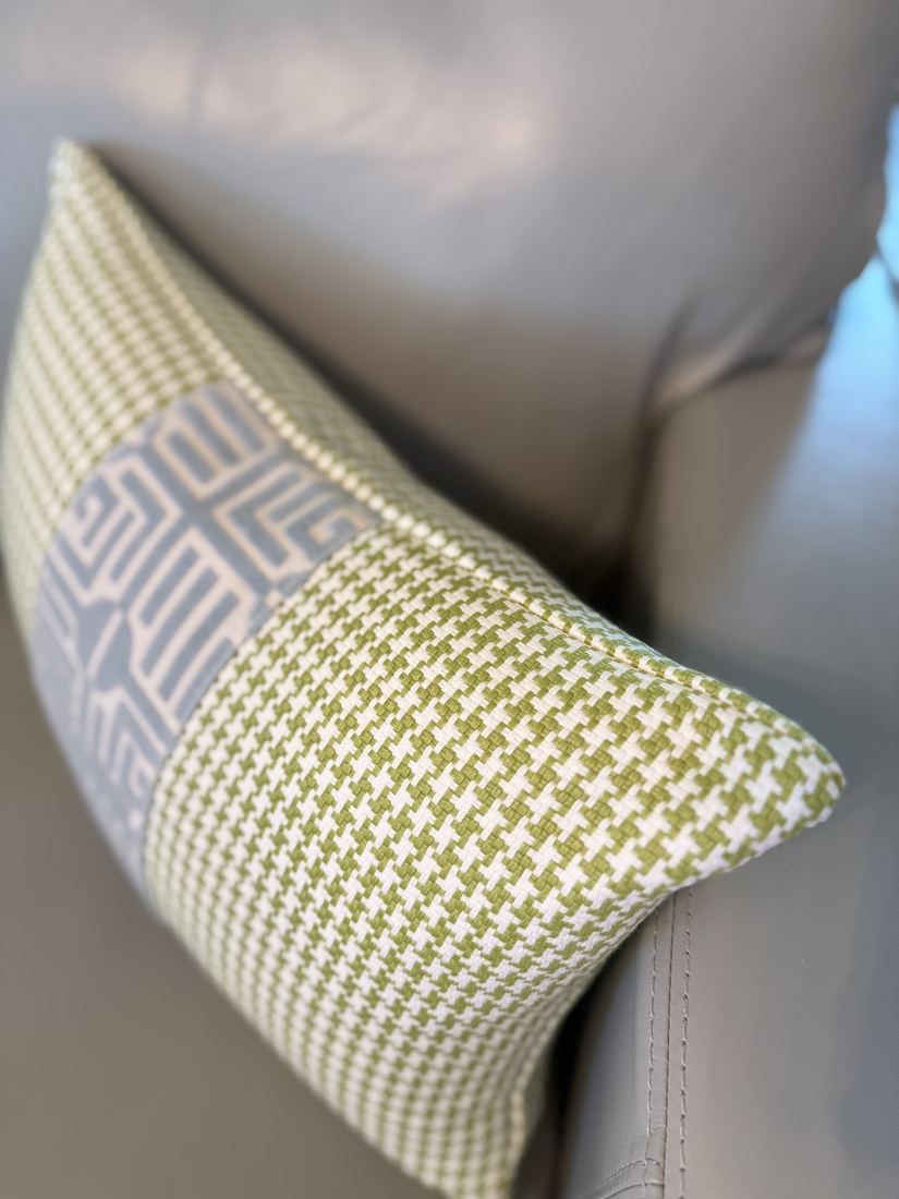 Greenwich pillow houndstooth weave and velvet labyrinth trim detail