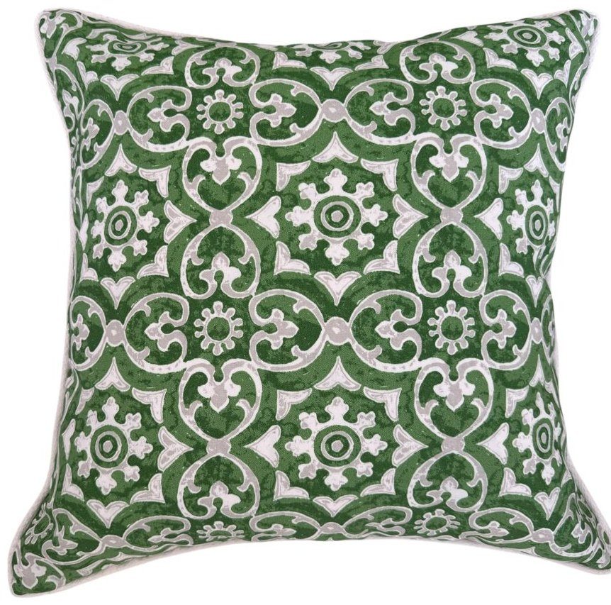 Hampton green grey and white medallion indoor outdoor pillow with white piping by PepperTree Designs