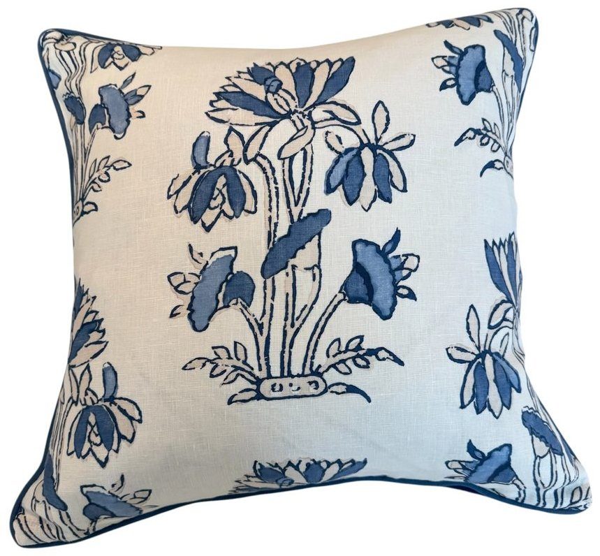 Heidi navy and white floral block print pillow with navy piping by PepperTree Designs